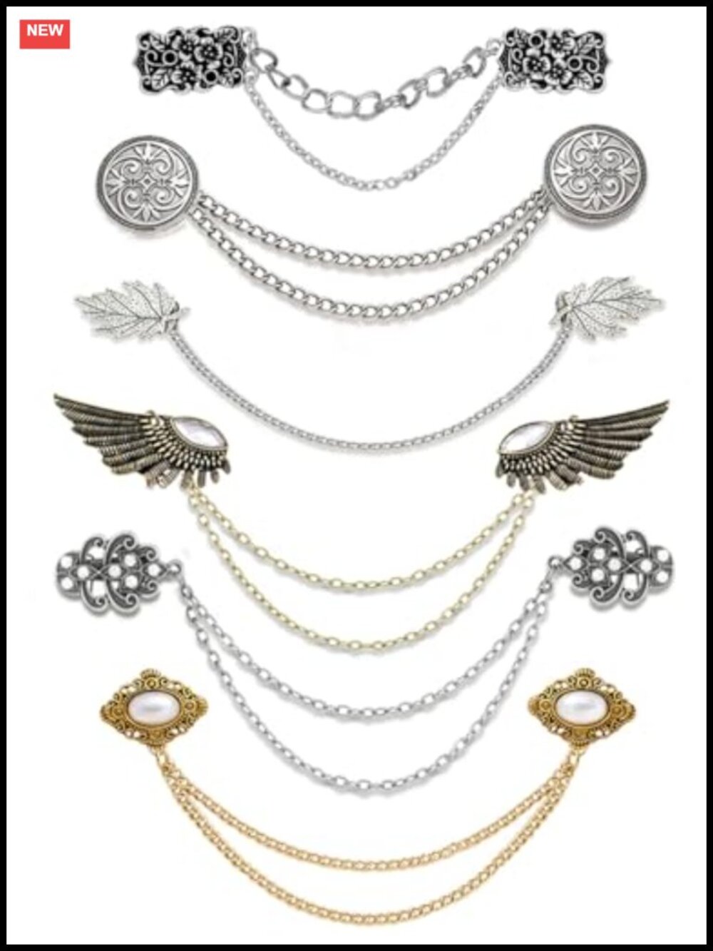 Vintage Sweater Shawl Chain Clips Retro Collar Lapel Holders Brooch Pins
